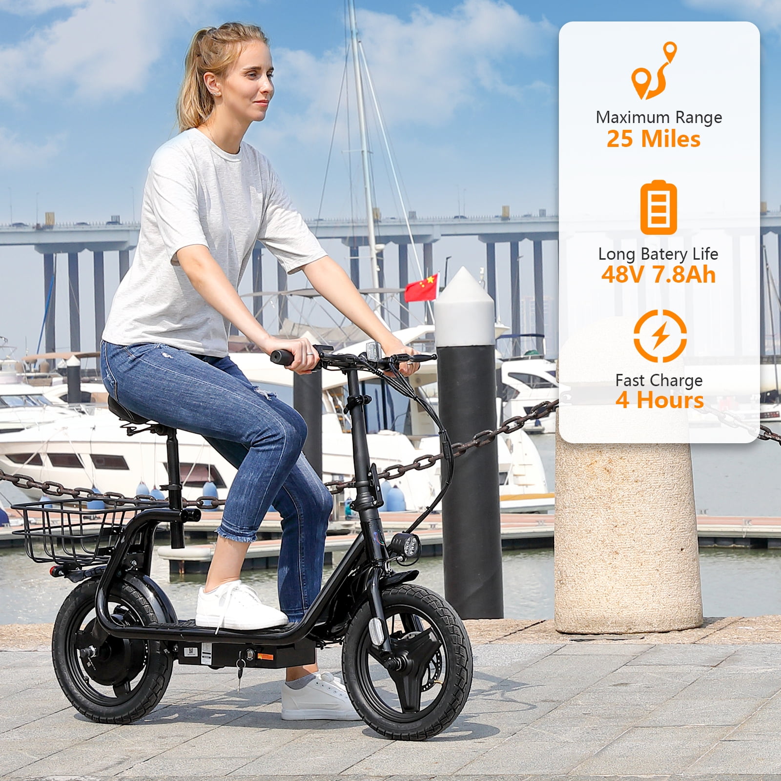 HOTEEL Electric Scooter with Seat, 819W Peak 500Wh Battery 25 Miles Range 20Mph Top Speed, Foldable Electric Scooter for Adults with Basket, Black