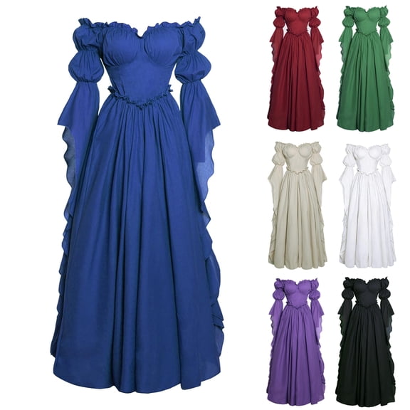 Renaissance Princess Maxi Gown, Off Shoulder Puff Sleeve Renaissance Ball Gown, Ruffled Chiffon Vintage Medieval Princess Cosplay Maxi Dress for Halloween Wedding Party, Blue L
