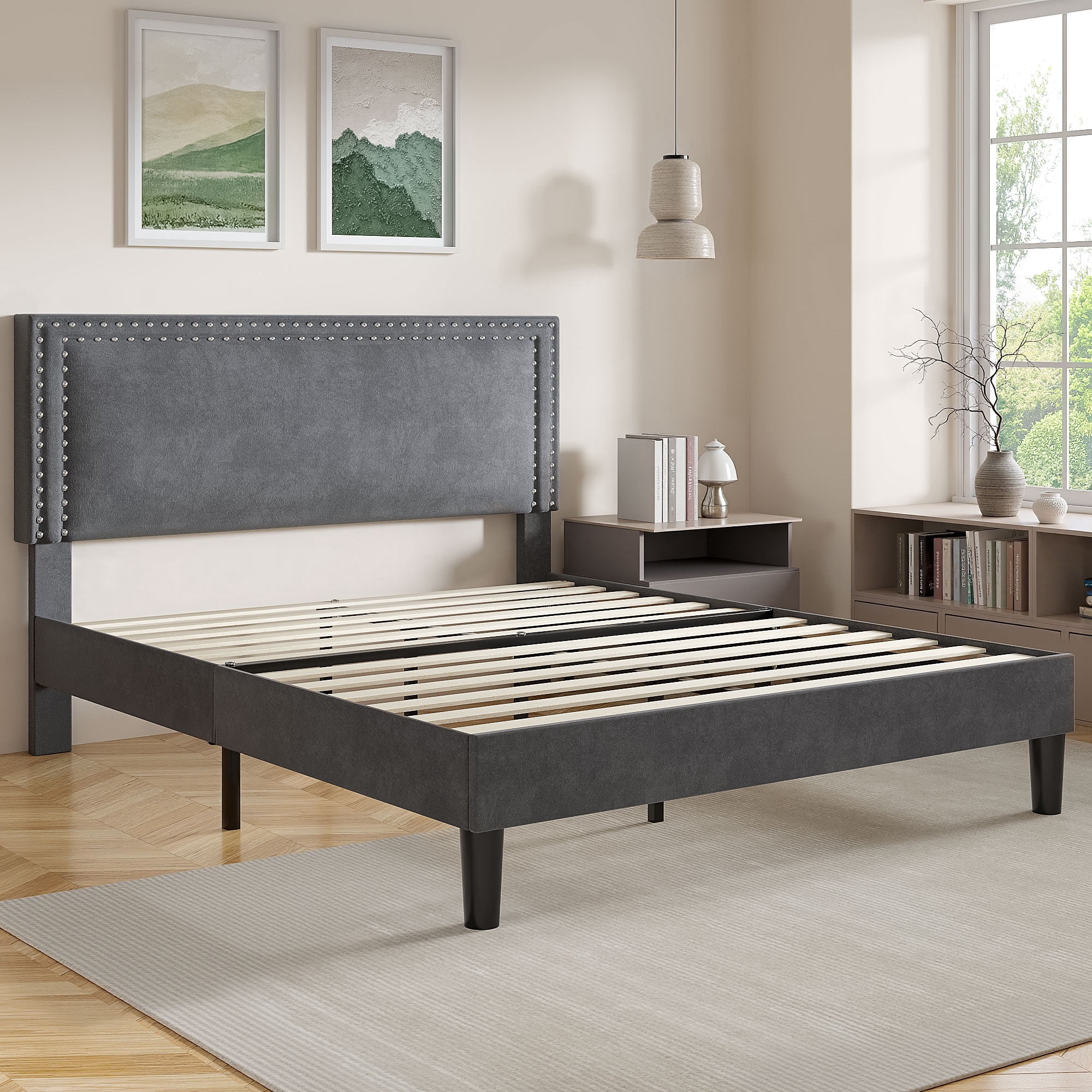 VECELO Full Size Platform Bed Frame with Adjustable Height Upholstered Headboard, Strong Wood Slat Support, No Box Spring Needed, Dark Gray