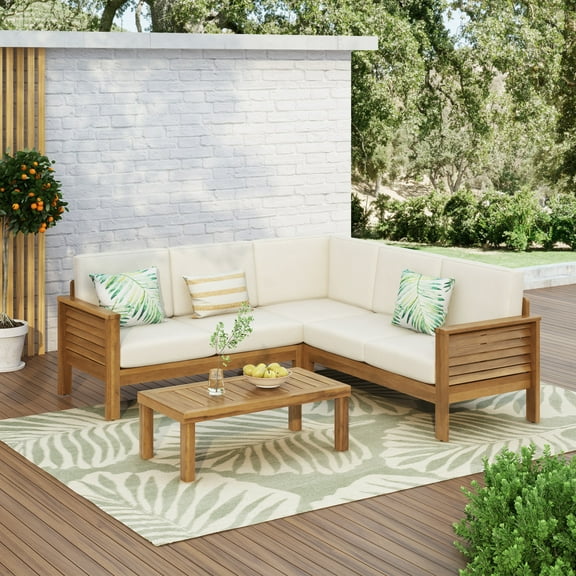 Christopher Knight Home 4-Piece Patio Sectional Sofa Set with Coffee Table, Acacia Wood Frame & Cushions, Teak Cream