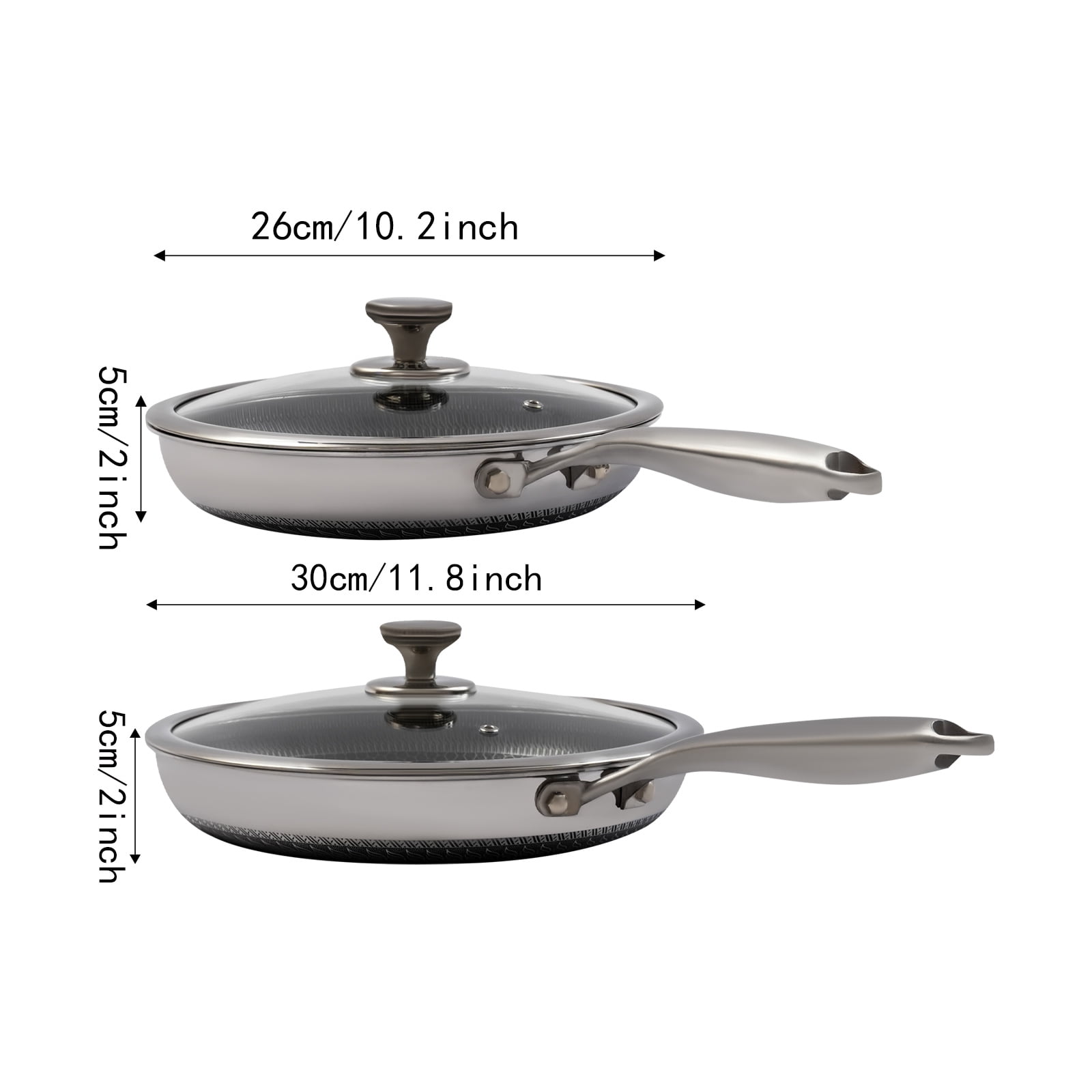 2PCS Stainless Steel Pan with Handle, Non Stick Frying Pan with Honeycomb Pattern & Lid, 10.2 + 11.8 Inch