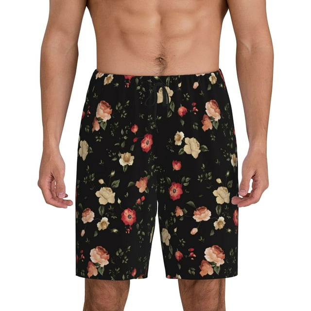 Balery Red White Flowers Pantalones cortos de pijama de punto de algodón para hombre con cinturilla y bolsillos-Small
