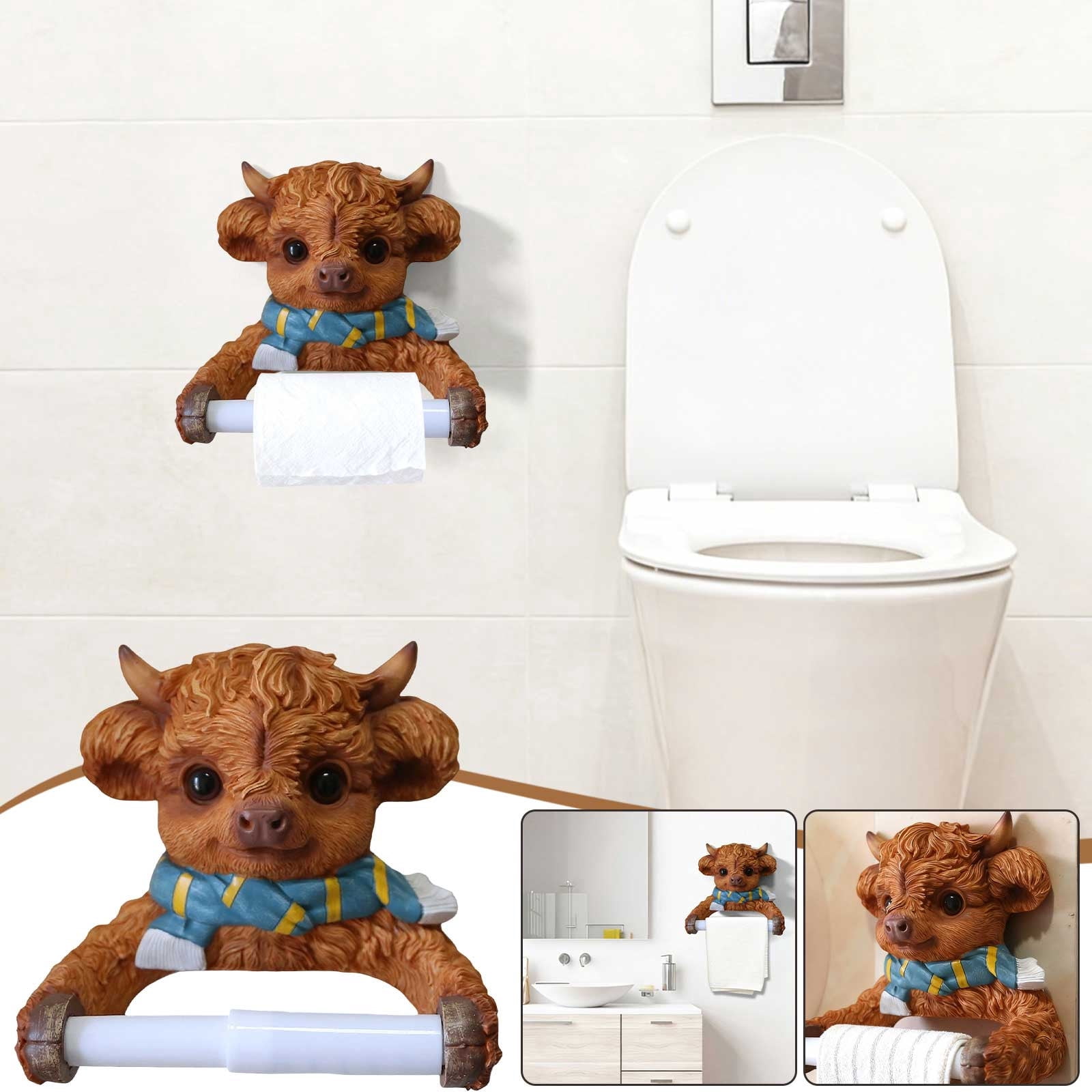 Highland Cow Toilet Paper Roll Holder Cartoon Animal Shape Wall Storage Decor
