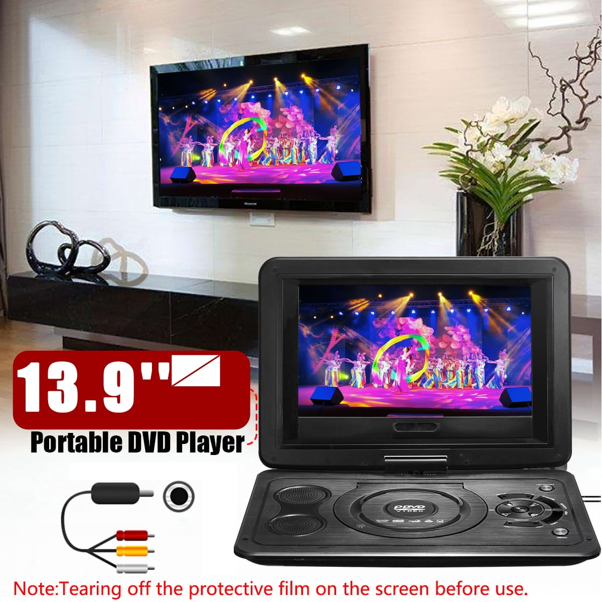 13.9'' Portable Car TV HD DVD Player 169 270° Rotate USB 300 Games