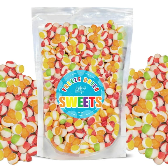 Freeze Dried Candy Gourmet Crunch Candies 24oz Bag Pouch Assorted Cherry Strawberry Lemon Lime Orange Original Rainbow Fruity Flavor Ideal Gift Snack