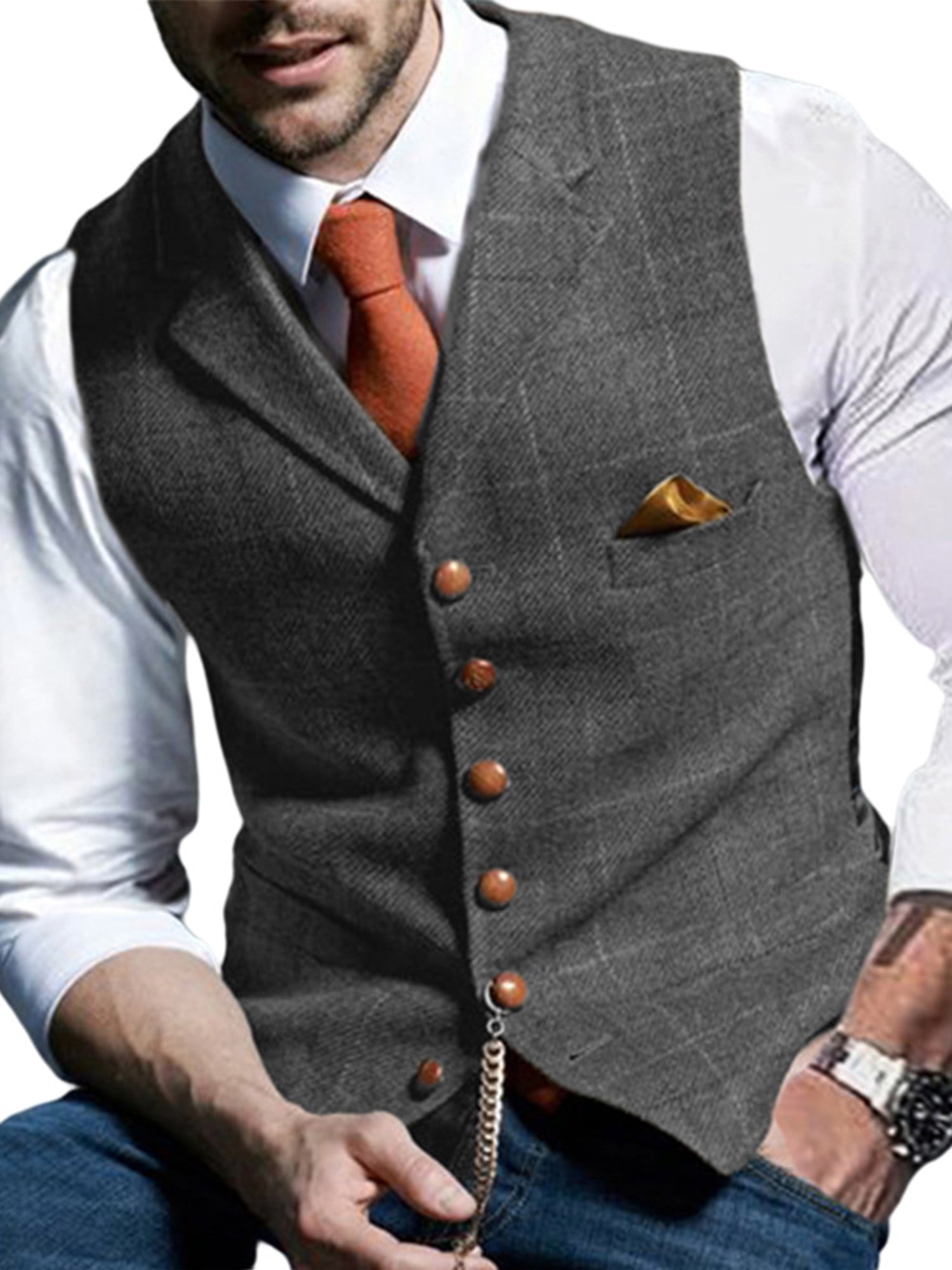 Mens Tweed Waistcoats Wool V-Neck Herringbone Vest Slim Fit Business Retro S-3XL 