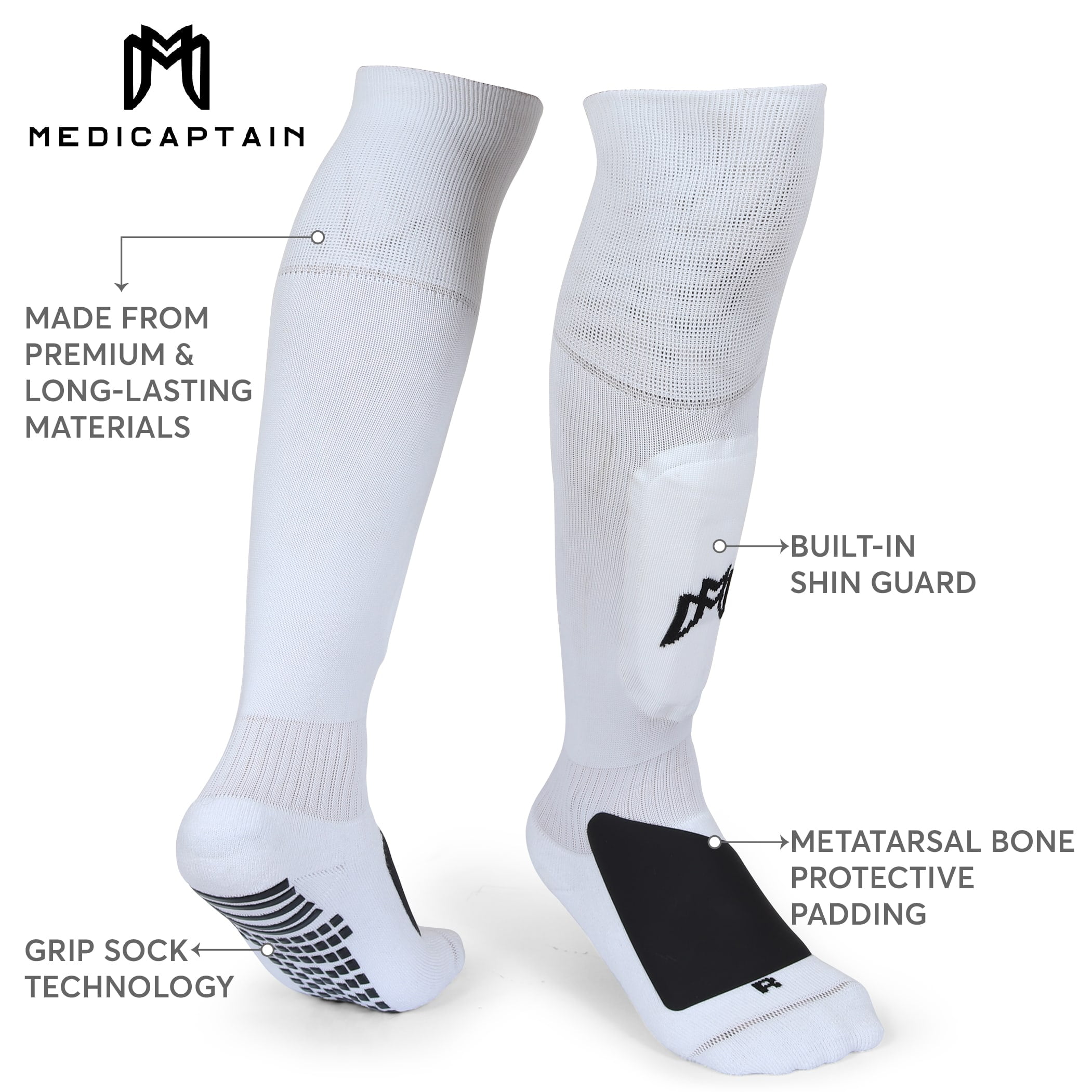 MediCaptain Ultimate Soccer Sock with Shin Guard Metatarsal Pad Anti Slip Grip Mens Womens Long Athletic Sock for Soccer Football Training White Knee Sock Walmart