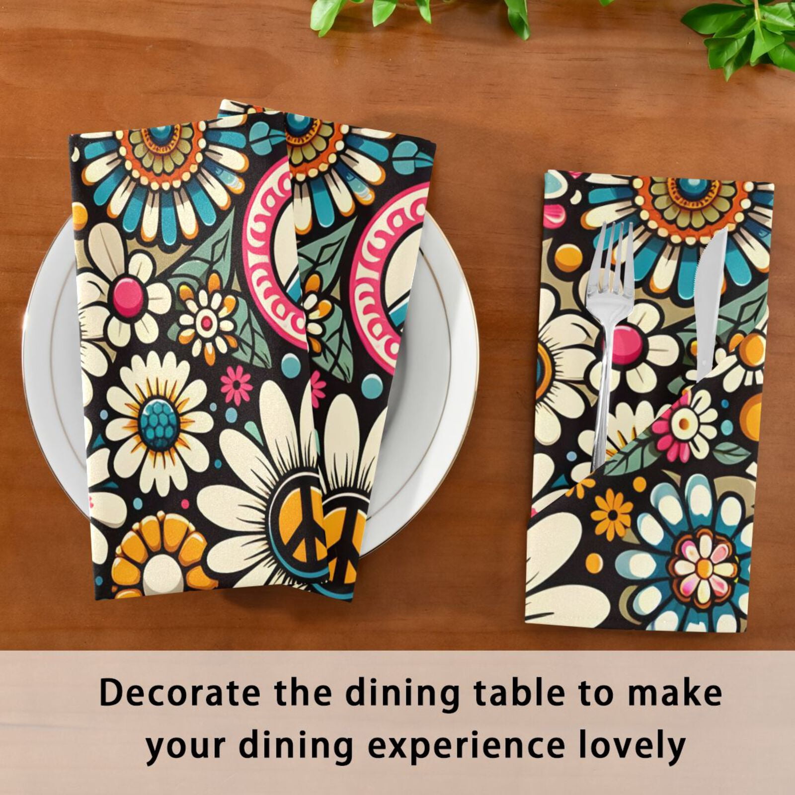JSTEL Daisy Flower Peace Vintage Cloth Napkins Set of 6, 20x20 Inch Washable and Reusable Napkin for Decoupage Dinner Party Everyday Use