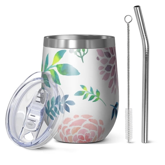 Floral 12oz Stainless Steel Insulated Wine Tumbler with Lid and Straw – Double Wall Vacuum Mug for Hot & Cold Drinks, 304 Steel Interior, Sweat-Free Design,Thanksgiving,Christmas, Spring,Flower