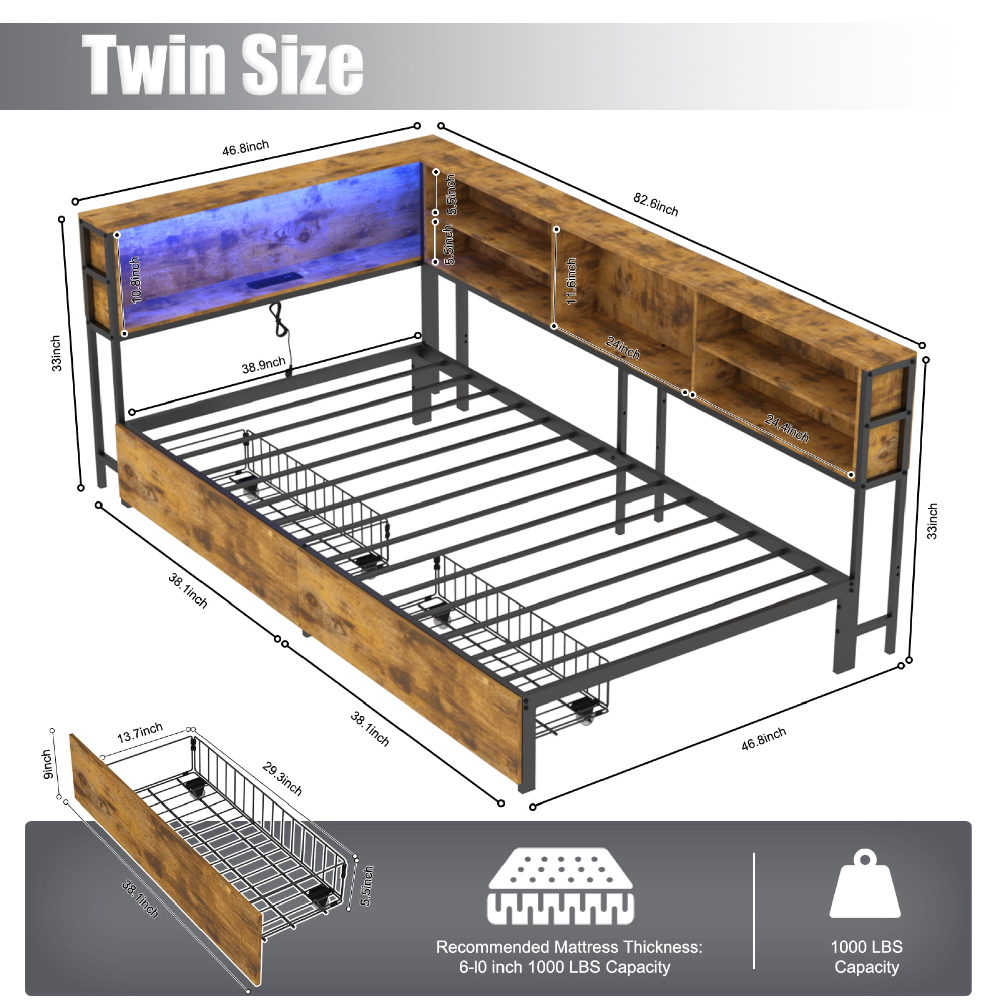 Leumius Corner Twin Bed Frame with Storage Drawers, Bookcase Headboard, LED Lighting & USB Charging Station,Twin Size Daybed for Kids Teens,Brown
