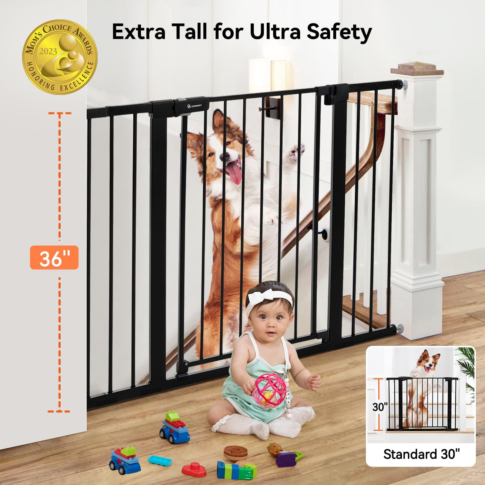 COMOMY 36" Extra Tall Baby Gate for Stairs Doorways, Fits Openings 29.5" to 48.8" Wide, Auto Close Extra Wide Dog Gate for House, Pressure Mounted Easy Walk Through Pet Gate with Door,