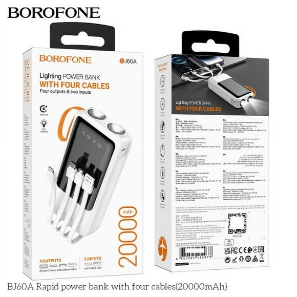 BOROFONE BJ60A 20000mAh Flashlight Power Bank With 4 cables IP/Type-C Multiple outputs Power supply for Mobile phone LED display White