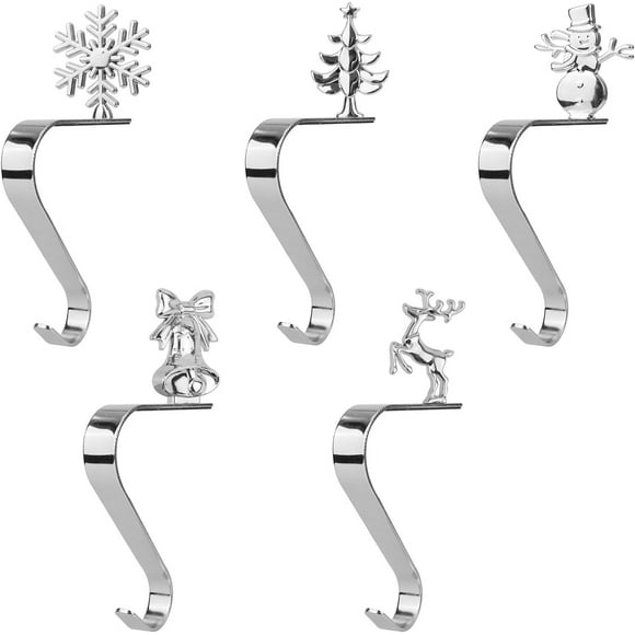 5pcs Christmas Stocking Holder, Stainless Steel Stocking Holders Set for Mantle Mantel Xmas Stocking Hangers Hooks with Anti-Skid Pad for Fireplace Mantle Shelf Decorations