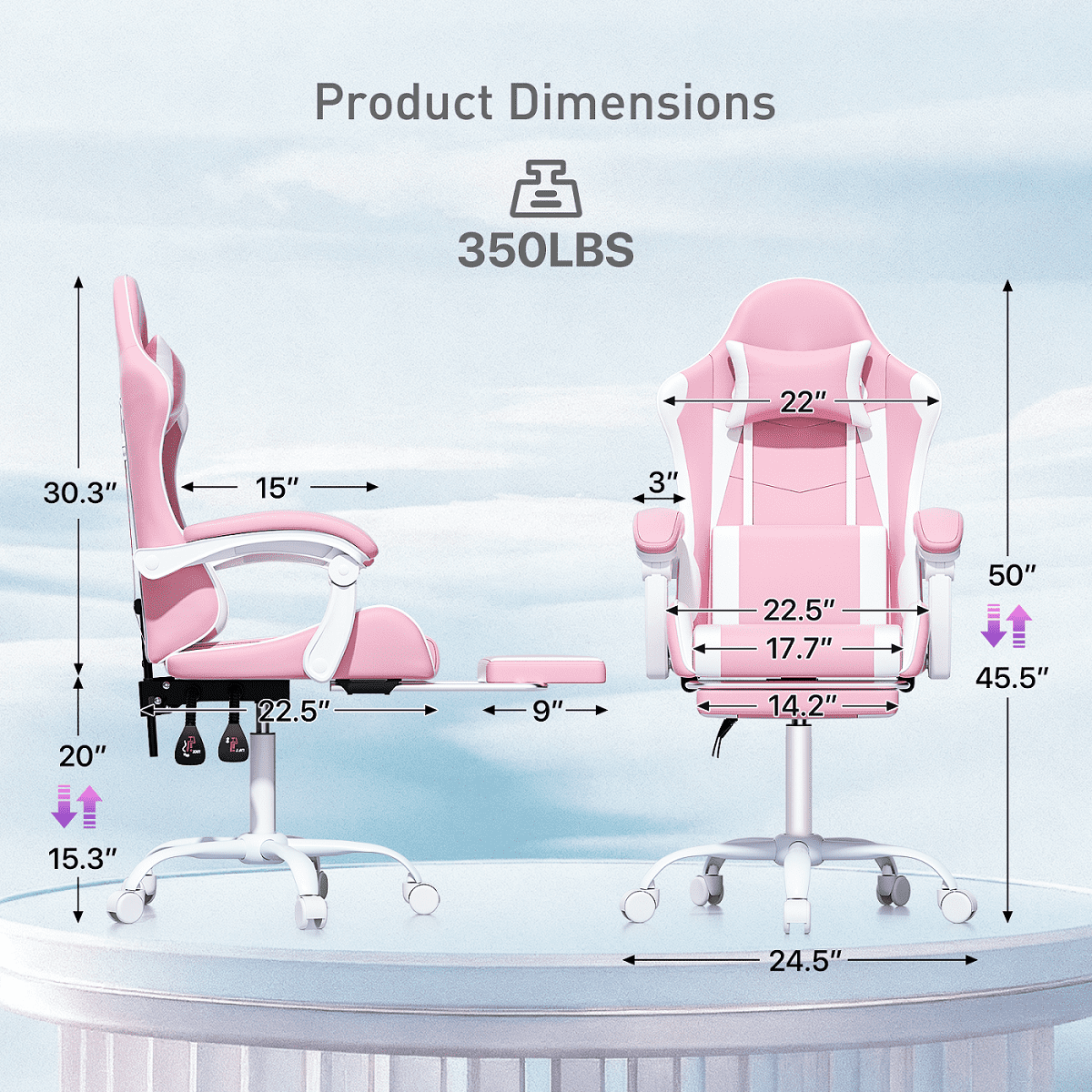 MoNiBloom Ergonomic Gaming Chair with Footrest, Adjustable Headrest and Lumbar Support for Office and Gaming, High-Back Racing Style Computer Desk Chair, Pink (Wide Seat)