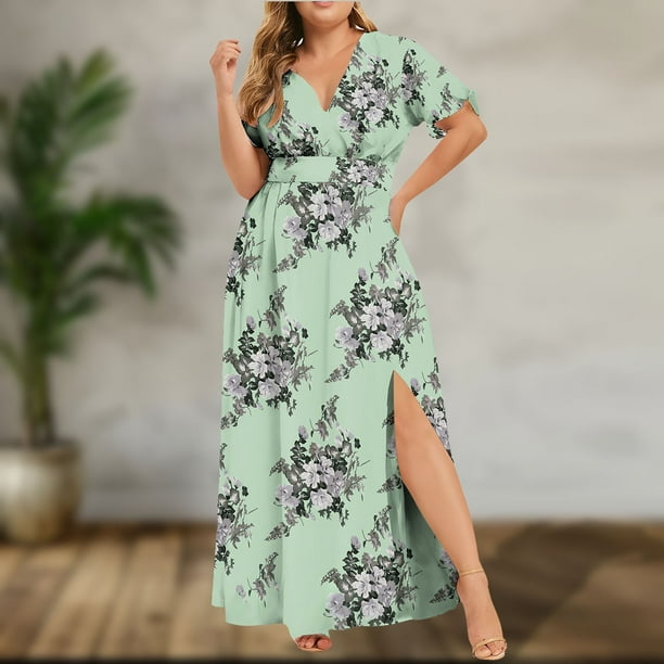 Puntoco Vestido De Manga Corta Con Cuello En V, Vestido De Cintura Estampado De Manga Corta Casual De Talla Grande Para Mujer Azul Claro Xl Estampado No Posicionado