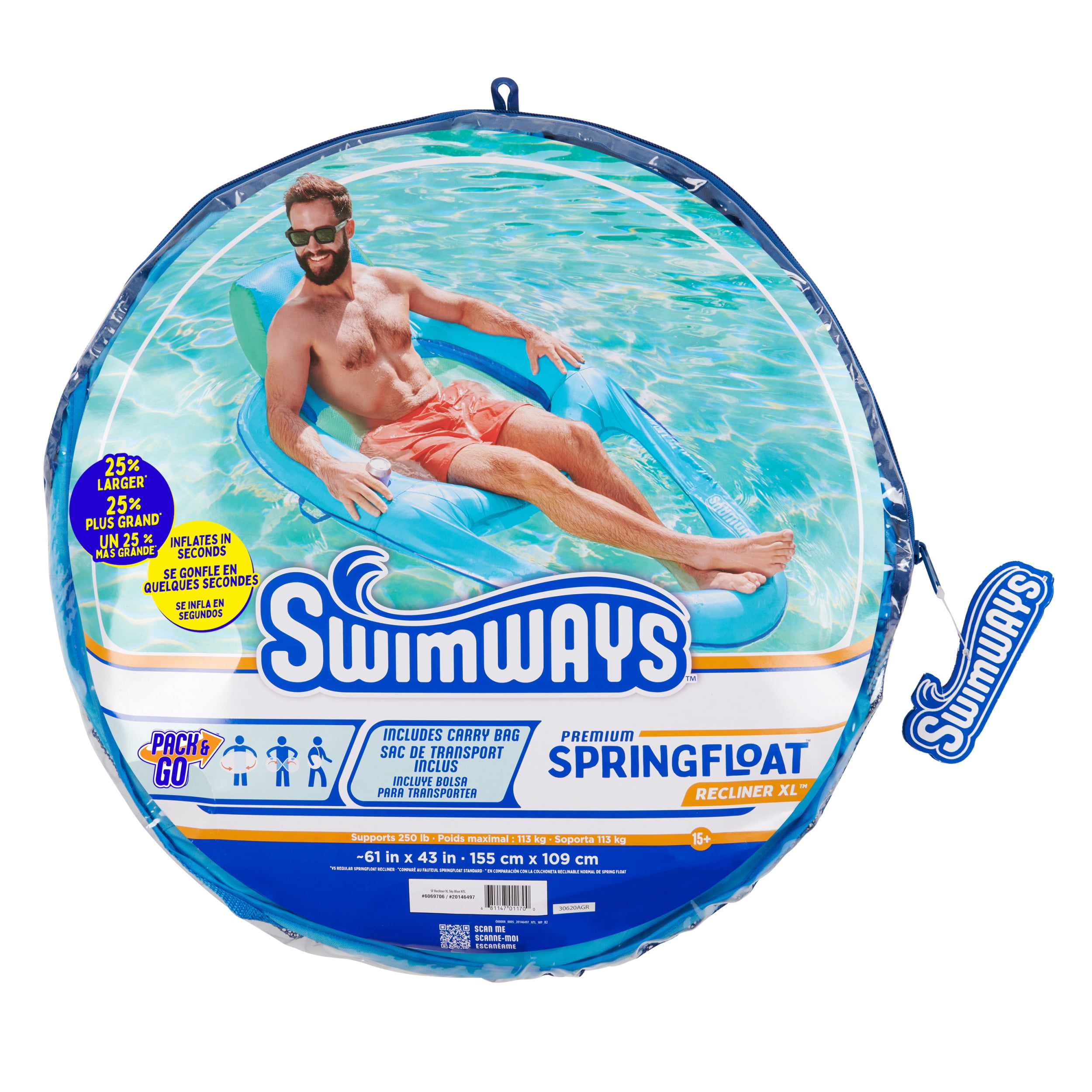 SwimWays Spring Float Premium XL Recliner Chair for Swimming Pool, Inflatable Pool Floats Adult with Fast Inflation, Cup Holder & Foot Rest, Supports Up to 300 lbs, Blue