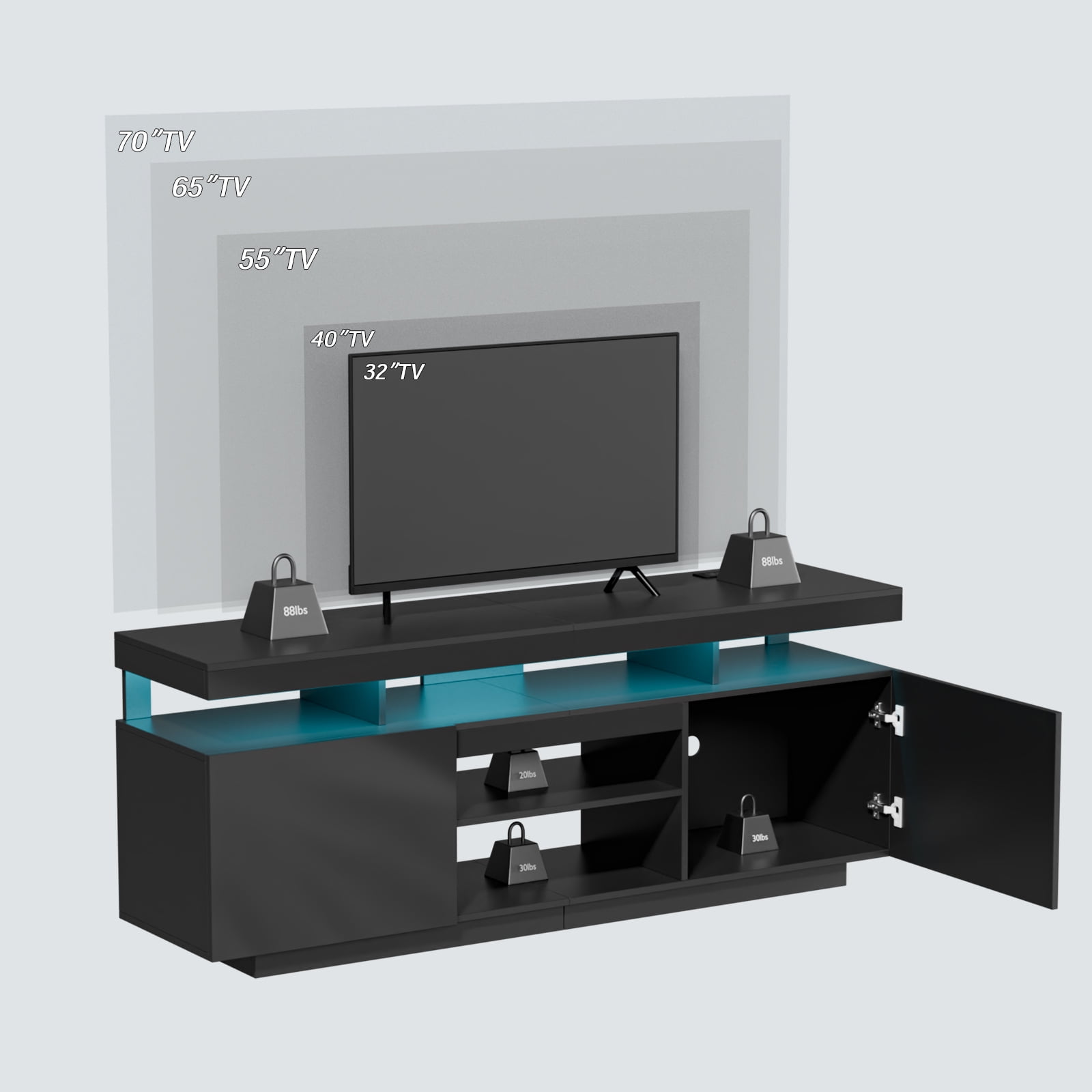 Modern TV Stand for TVs up to 70" with Charing Station & LED Lights Wood TV Cabinet Media Console for PS5 Gaming LED Entertainment Center