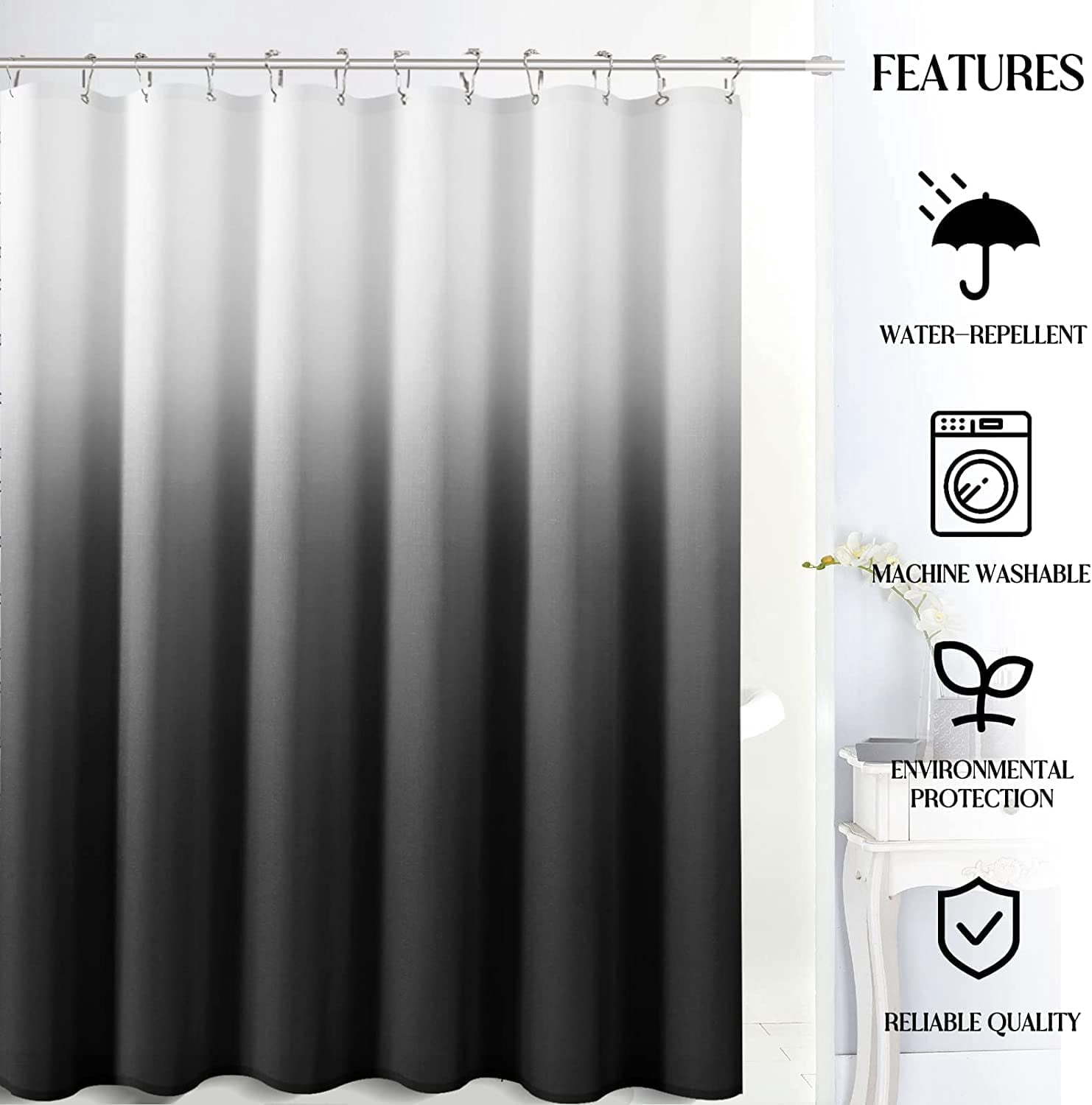 Black Men Shower Curtain 72x84 inch for Bathroom, Extra Long Shower Curtain Black and Gray, Chic Geometric Ombre Cloth Bath Curtains, Waterproof Machine Washable for Men Modern Bathtub