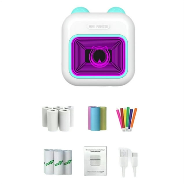 Mini Sticker Printer RGB Light Bluetooth Pocket Inkless Thermal Printer with 10 Rolls Thermal Paper and 5 Pen Fmo B