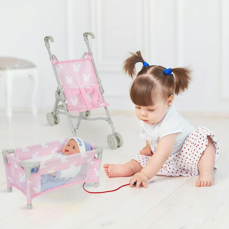 Yexmas Doll Stroller Play Set Pink 4 in 1 Includes Pack n Play High Chair Stroller