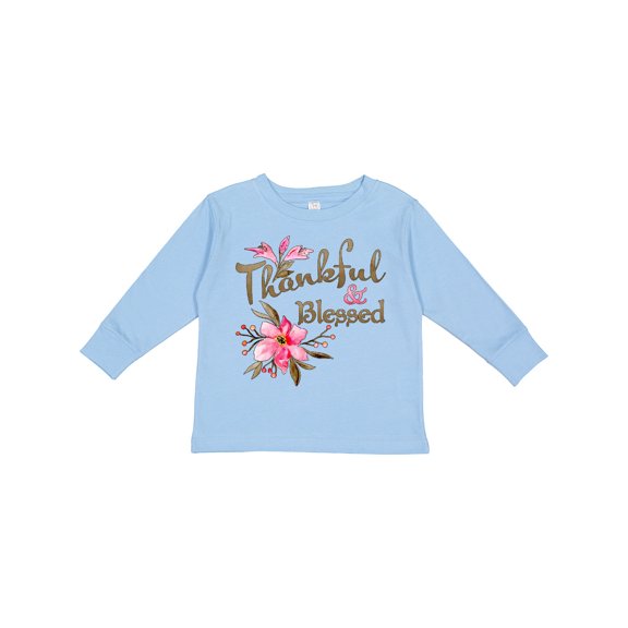 Inktastic Thankful and Blessed Inspirational Saying with Pink Flowers Boys or Girls Long Sleeve Toddler T-Shirt
