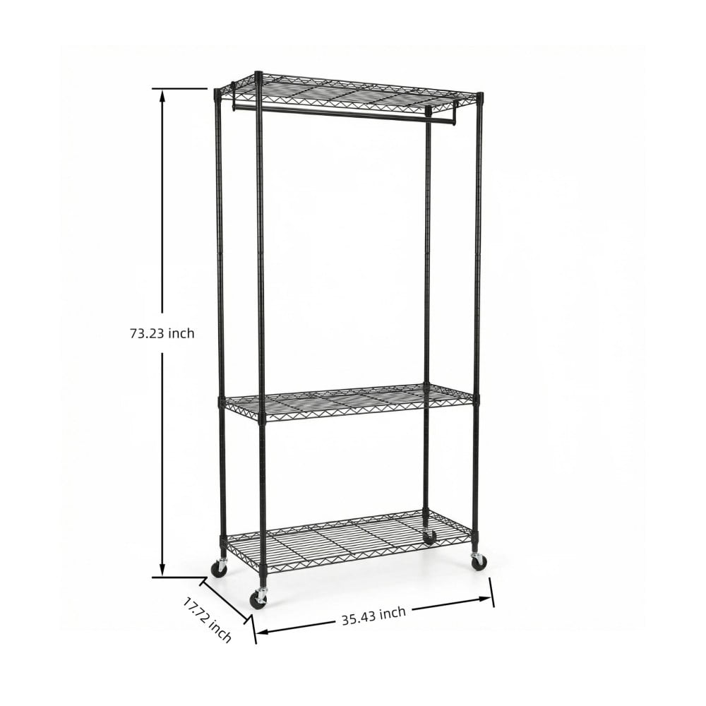 Rolling Clothes Rack, Heavy Duty Garment Rack with 3-Tier Wire Shelves & Hanging Rod, Freestanding Closet Organizer with 360° Wheels, Black
