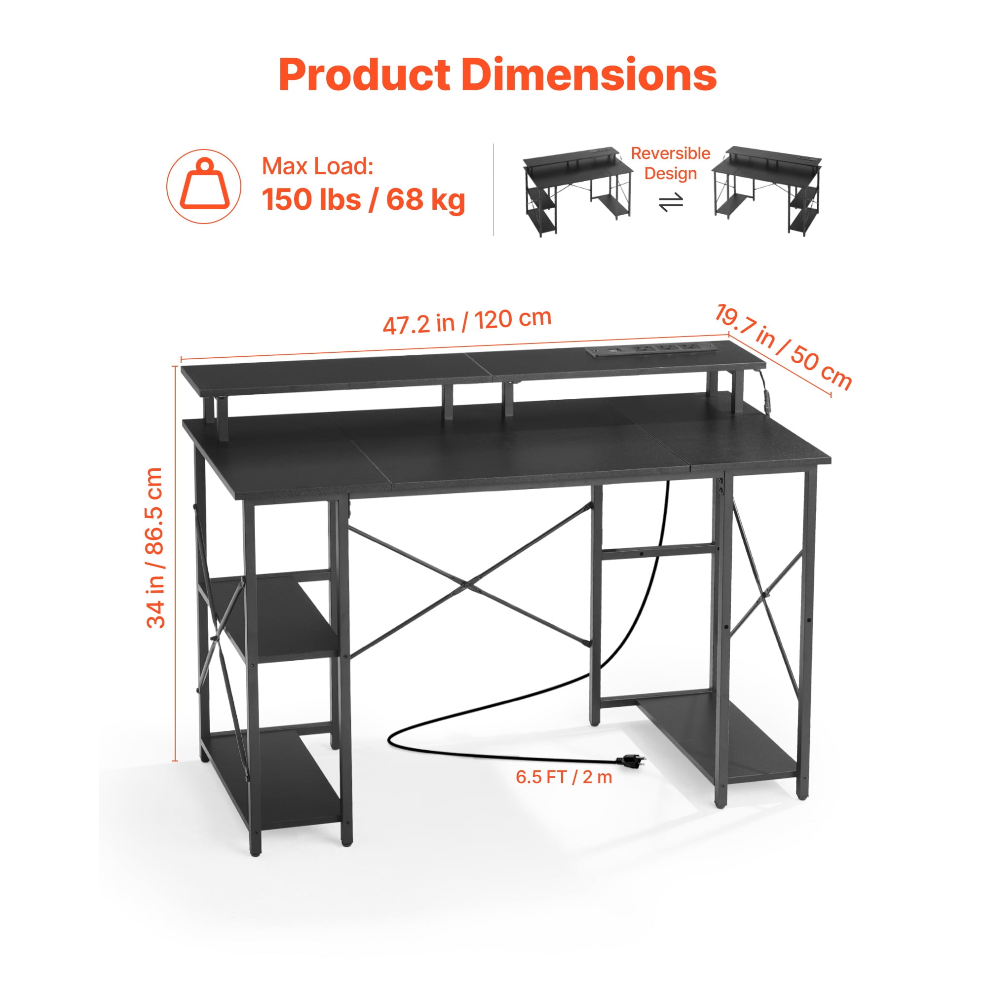KFFKFF 47" Gaming Desk with LED Lighting & Power Outlets, Computer Desk with Monitor Riser and Storage Shelves, Black