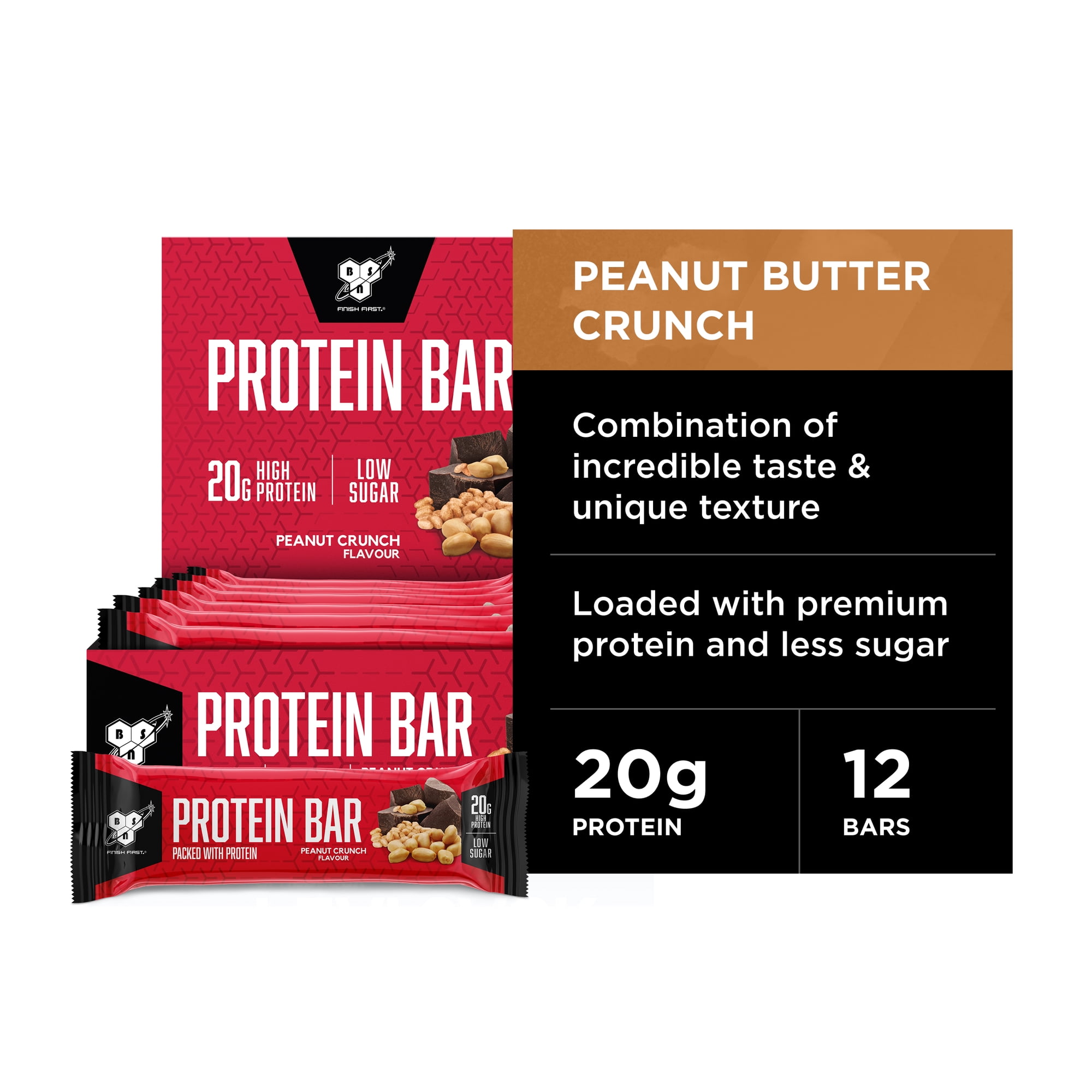 BSN Protein Bars - Protein Crisp Bar by Syntha-6, Whey Protein, 20g of Protein, Gluten Free, Low Sugar, Peanut Butter Crunch, 12 Count