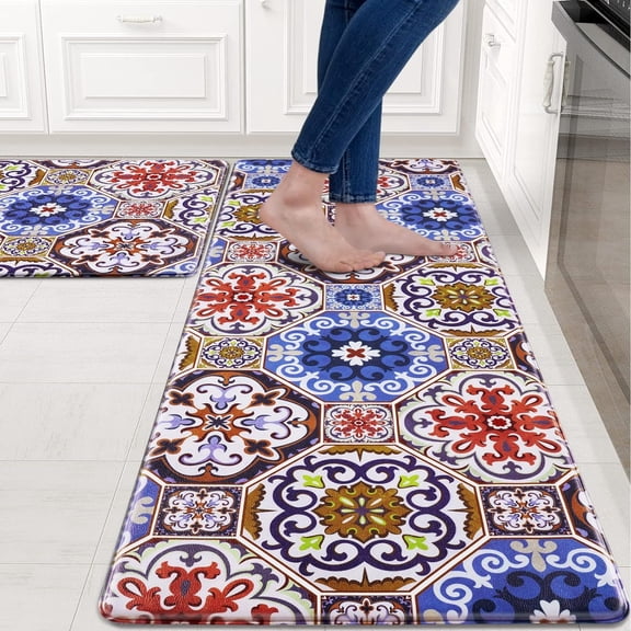2 Piece Kitchen Rugs Non Slip, Boho Kitchen Mats Cushioned Anti Fatigue, Kitchen Floor Mats for in Front of Sink Washable, Bohemian Comfort Standing Mat for Kitchen, 18'''' x 48''''   18'''' x 30''''