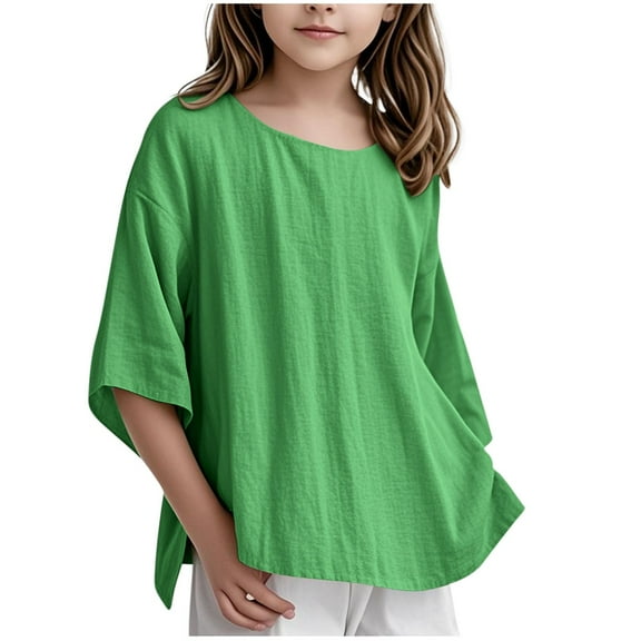 FFENYAN Casual Summer 3/4 Sleeve Cotton-Linen Blend Top for Girls Aged 3-14 - Round Neck Loose Fit Solid Color Shirt for Kids - Girls Summer Wardrobe Essentials