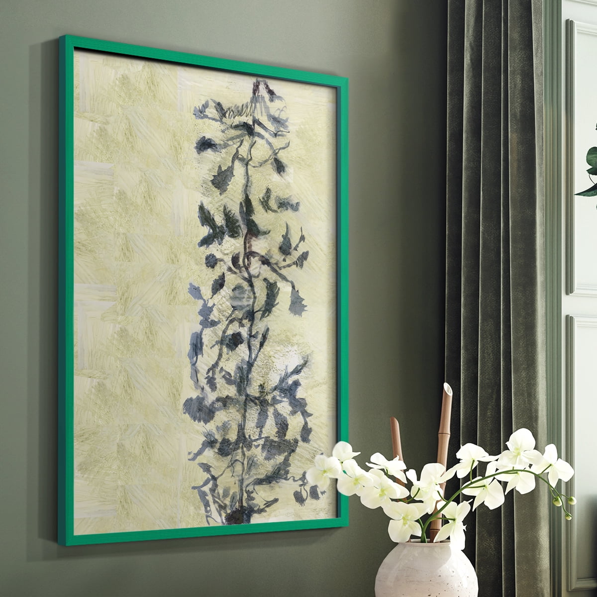 Chinoiserie 2 Tan I Framed Print in Green Solid Wood Framed Print No Nail Hanging