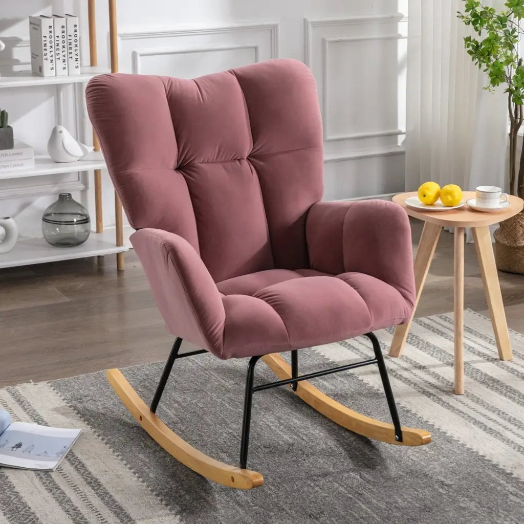 MidCentury Modern Pink Velvet Rocking Chair Tufted Upholstery