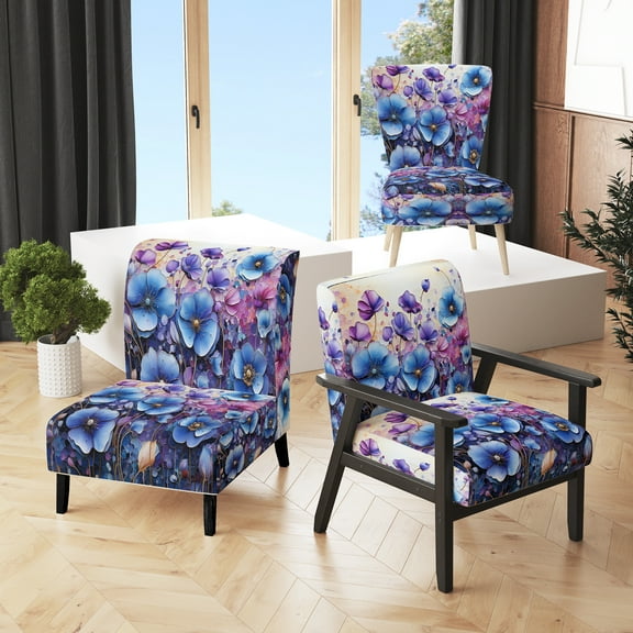 Designart "Blue Purple Pansies landscape Pointillism Dot" Blue Floral Upholstered Accent Chair - Traditional Arm Chair For Bedroom