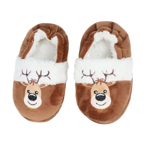 1 par de niños invierno cálido zapatilla elementos de Navidad diseño interior antideslizante zapatilla de algodón patrón Elk 17/18 (marrón interior 17,5 cm de longitud)
