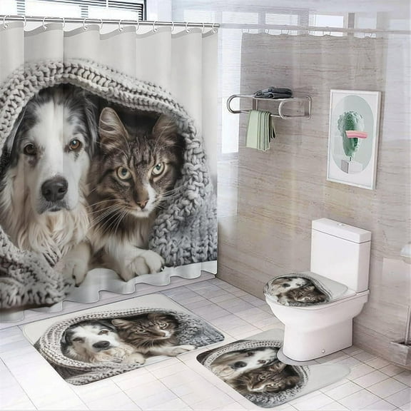 4Pcs Playful Animal Shower Curtain, Cat Dog Heating Shower Curtain Sets with Toilet Lid Cover, U-Shaped Mat and Non-Slip Rugs, Bathroom Decor Set, 72" x 72"