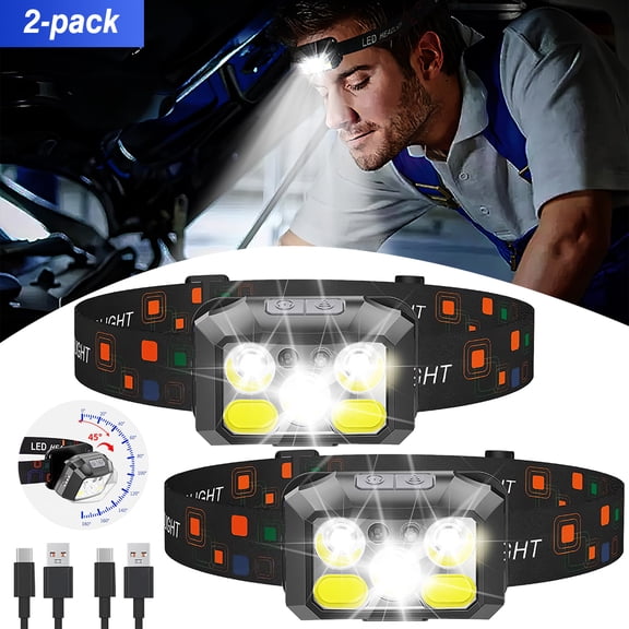 LITOM IPX4 Waterproof 2-Pack LED Headlamp - 400 Lumens, Red/White Light, 8 Modes, USB-C Charging, Adjustable Headband, for Running/Hiking/Fishing/Camping