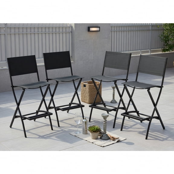 Topcobe Outdoor Folding Bar Height Stool Set of 4 with Metal Frame and Footrest, Outdoor Patio Furniture for Garden Backyard Pool Deck-Black