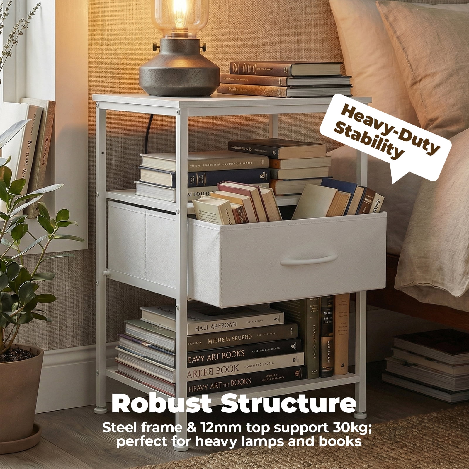 Alvantar Bedside Table Charging Station Nightstand with USB/C Ports, Adjustable Drawers, 3-Tier Storage Shelf