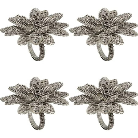 

Fennco Styles Hand Beaded Poinsettia Metal Napkin Rings Set of 4 - Silver Flower Decorative Napkin Holders for Home Christmas Banquets Weddings Family Gatherings Holidays and Special Occasions