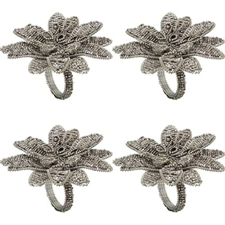 

Fennco Styles Hand Beaded Poinsettia Metal Napkin Rings Set of 4 - Silver Flower Decorative Napkin Holders for Home Christmas Banquets Weddings Family Gatherings Holidays and Special Occasions