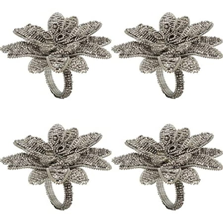 

Fennco Styles Hand Beaded Poinsettia Metal Napkin Rings Set of 4 - Silver Flower Decorative Napkin Holders for Home Christmas Banquets Weddings Family Gatherings Holidays and Special Occasions