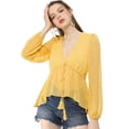 thumbnail image 3 of Top de Gasa Transparente Allegra K con Mangas Largas y Cuello en V Profundo Amarillo S, 3 of 6