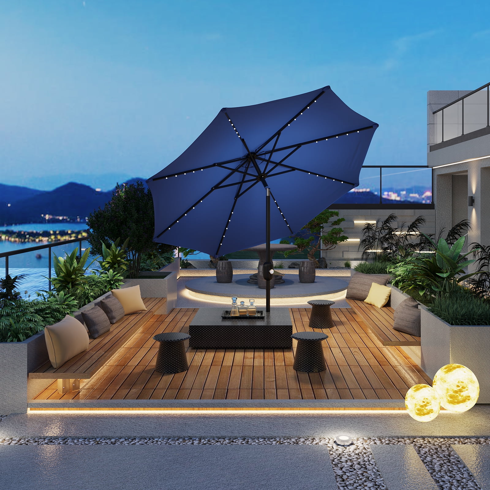 10 Ft Patio Umbrella With Solar Lights, 8 Sturdy Ribs, Table Umbrella with Push Button Tilt and Crank, UV Protection Waterproof, for Garden, Backyard, Poolside