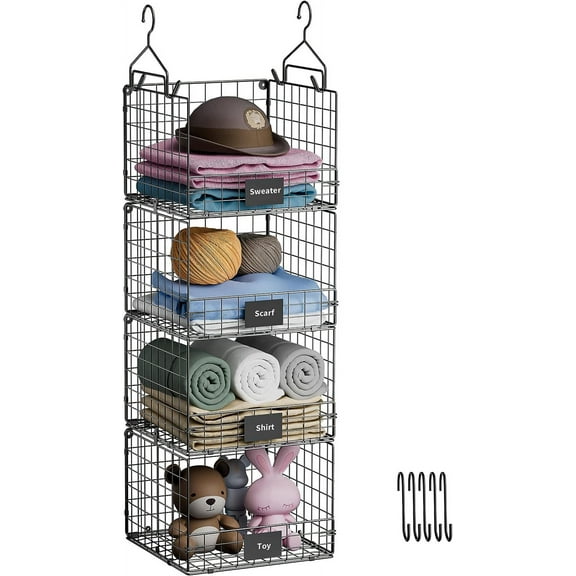 Cloth Hanging Shelves, x-Cosrack 4 Tier Hanging Closet Organizer with Name Plate S Hooks, Stackable Wire Organization Baskets for Pantry Kitchen, Black