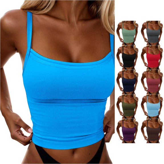 ChoXxx Women's Sexy Slim Fit Crop Camisole Built In Bra Sleeveless Tank Top Stretchy Summer Fashion Blue S