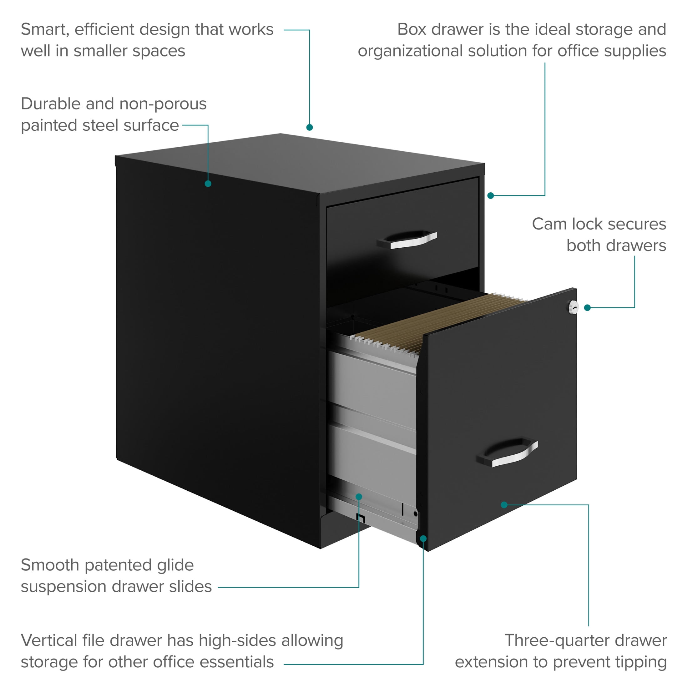 Space Solutions 18" Deep 2 Drawer Letter Width Vertical File Cabinet with Accessory Drawer, Black