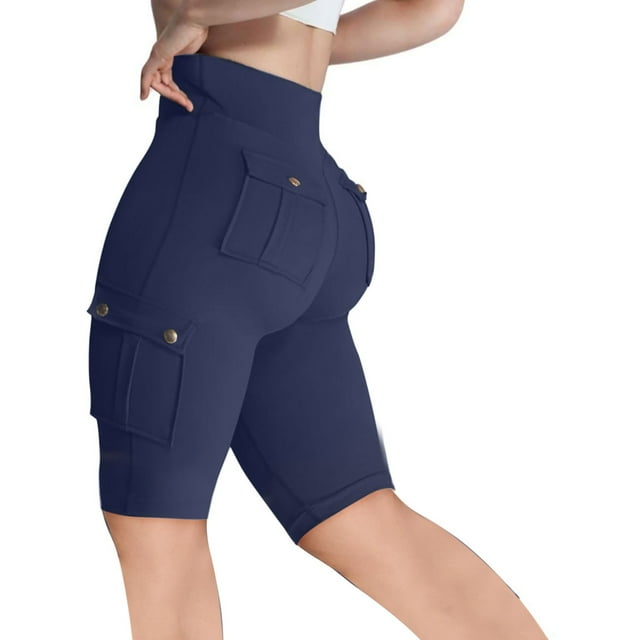cfhntfmh Shorts Femme Rehausse-Fesses Longueur Genou Taille Haute avec Poche à Rabat Bermuda d'Entraînement Cargo Shorts de Course
