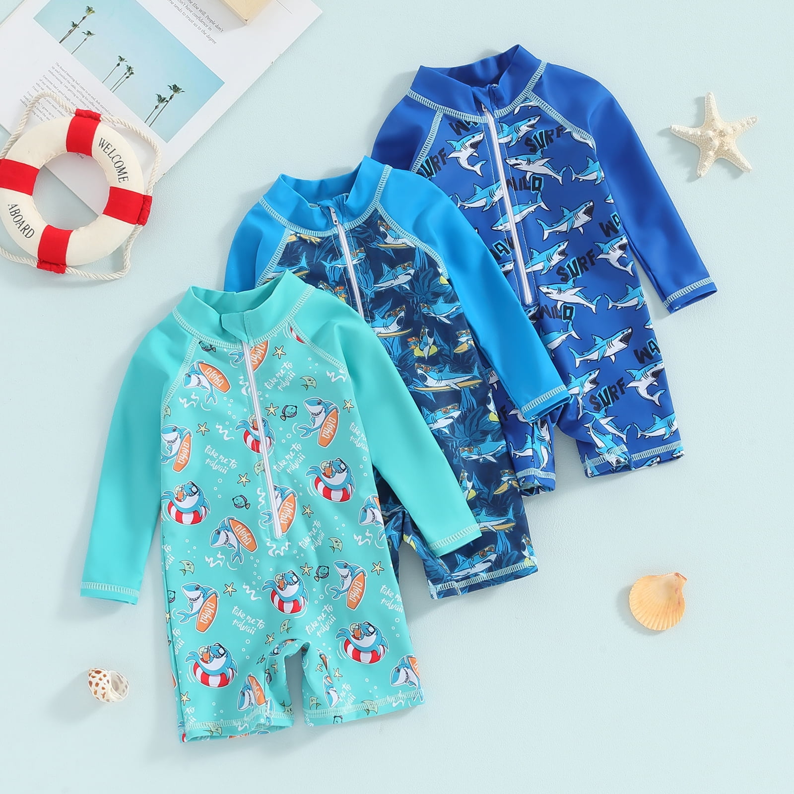 Gupgi Baby Boys Rash Guard One Piece Shark Swimsuits Long Sleeve Zip Bathing Suit 3 6 9 12 18 24 Months Infant Swimwear Blue