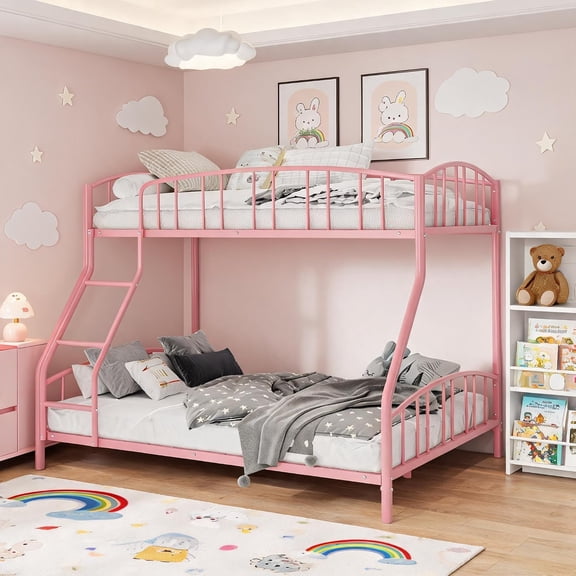 Twin Over Full Metal Bunk Bed with Ladder & Guardrail, Space-Saving,Pink