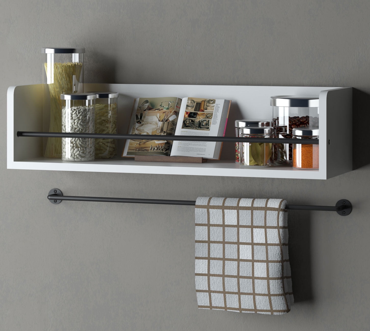 Rustic State Floating Kitchen Wall Mount Shelves Spice Storage Rack with Towel Rail by Set of 2 Walnut Stained ArtifactDesign